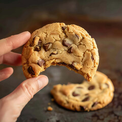 Hands of a person holding homemade chocolate chip cookie. Concept of snack sweet bakery sugar unhealthy eating