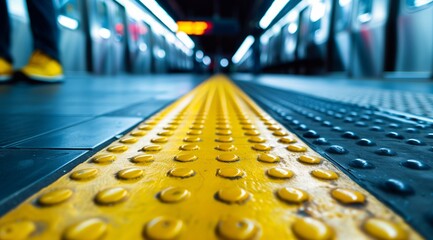 yellow nonslip strip on an underground station platform, with a blurry background. generative AI