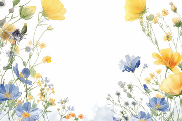 Obraz premium Watercolor wildflower border, yellow blue and white, white background