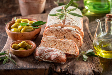 Homemade bread made of green olives and flour.