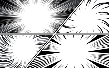 vector comic book page template with radial speed lines background in manga anime style. black and white illustration vector