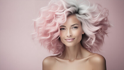Fototapeta premium schön, mode, haare, locken, transcendent, pink, farbe, des, jahres, 2025, 2024, rosa, pastell, atelier, studio, frisur, make-up, soft, weich, kampagne, sinnlich, weiblich, y2k, aesthetic, style, ad, 