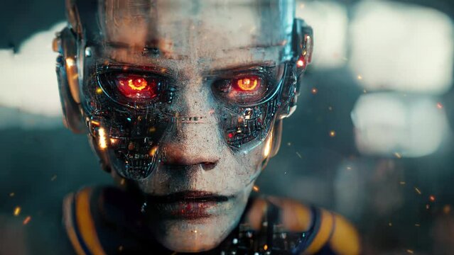 Evil AI Robot Cyborg Neural Network Brain General Artificial Intelligence Machine Learning Big Data Digital Consciousness Transhumanism Concept