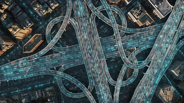 Digital Highway Overpass Signals Passing Through Ai Self Driving Vehicles Over Aerial Shot At Dusk 5g High Speed Financial Transactions High Tech Urban Area