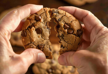Hands of a person holding homemade chocolate chip cookie. Concept of snack sweet bakery sugar unhealthy eating