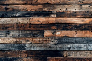 Close-up view of wooden planks with different colors and shows signs of age and wear with cracks and knots visible - Generative AI	
