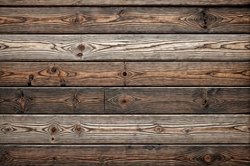 Close-up view of wooden planks has a brown color and shows signs of age and wear with cracks and knots visible - Generative AI	
