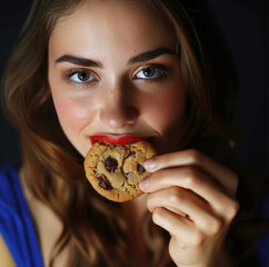 Portrait of young beautiful smiling woman who loves chocolate chip cookie. Concept of sweet bakery sugar unhealthy eating