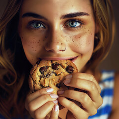 Portrait of young beautiful smiling woman who loves chocolate chip cookie. Concept of sweet bakery sugar unhealthy eating