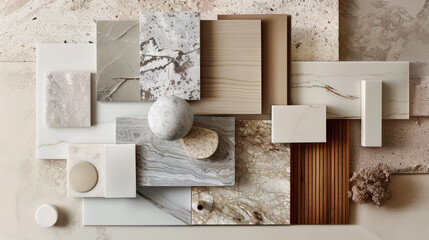 A flat lay of interior design material samples including marble, wood, and stone in neutral and earthy tones, minimalist photography, trending on Pinterest