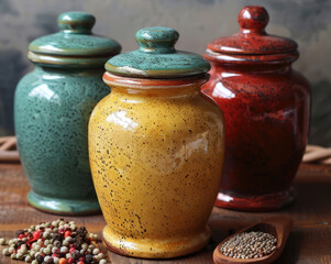 Various colorful aromatic dried spices and herbs in jars	