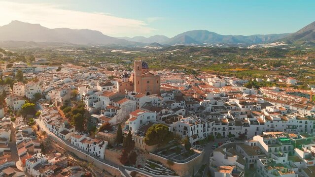 Aerial view of Altea town and Nostra Senyora del Consol church at sunset, Spain