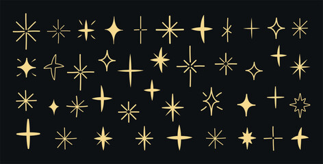 Big Set of thin uneven dynamic light stars of different shapes and types, hand drawn on a black background. Isolated grunge elements for presentation, cards, business, study. Vector illustration Eps10