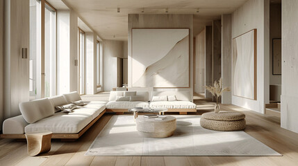 A sleek, modern living room with minimalist furniture, neutral tones, and stylish decor accents like geometric patterns and contemporary art