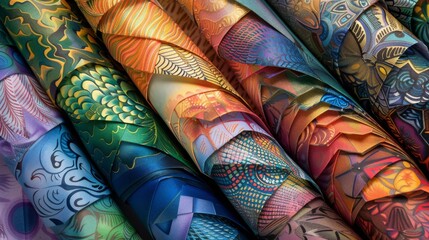 A collection of colorful fabric rolls, each with a unique design