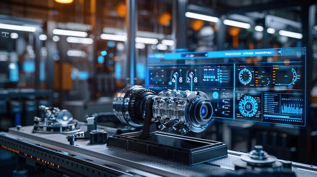 A high-tech engine system in a sleek laboratory, with digital screens displaying real-time performance data and diagnostics, highlighting advanced technology
