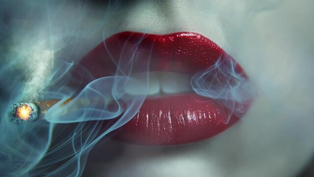 Close-up view of a woman's mouth smoking a cigarette with smoke rising