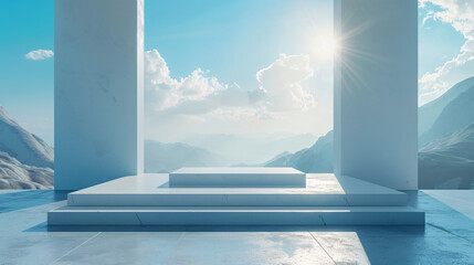 Fototapeta premium A podium in a minimalist setting, featuring a digital mockup on a screen above, ideal for virtual presentations or design previews