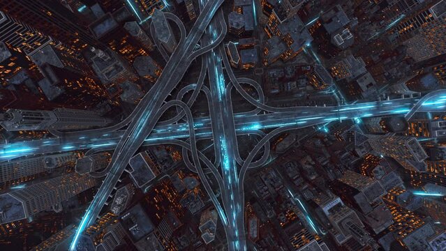 Digital Highway Overpass Optical Signals Transferring Ai Data Through Network Drone Shot At Night 5g High Speed Internet Financial Transactions Residential Area