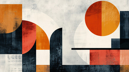 A minimalist illustration featuring a blend of geometric shapes and muted colors, arranged in a balanced composition for a refined look