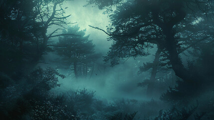 Obraz premium A mystical forest shrouded in fog, where ancient folklore myths come to life, with ethereal creatures glimpsed among the trees
