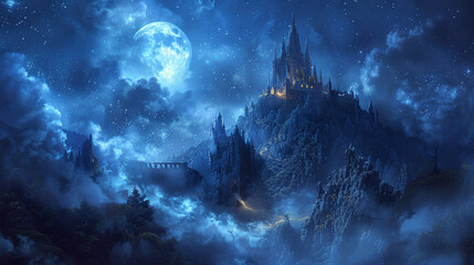 A majestic castle atop a mountain, surrounded by swirling mists and illuminated by the light of a full moon, invoking tales of legendary heroes and mythical quests