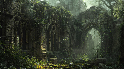 A crumbling ruin overrun by vines and ivy, where echoes of forgotten gods and mythical beasts linger in the shadows, waiting to be rediscovered