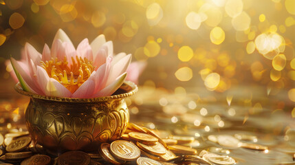 A golden pot filled with gold coins and delicate pink lotus flowers, sparkling golden bokeh background, warm sunlight, wealth and prosperity