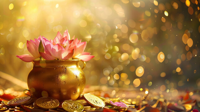 A golden pot filled with gold coins and delicate pink lotus flowers, sparkling golden bokeh background, warm sunlight, wealth and prosperity
