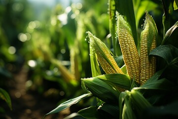 Obraz premium Fresh corn on the cob with water drops on a dark background.