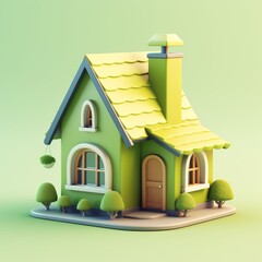 3D cartoon olive green color house with a cute, compact, and simple design