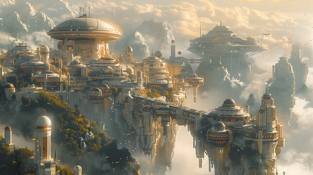 illustration of futuristic utopian society where advanced technology eradicated disease poverty war humans live in harmony with nature and artificial intelligence pursuing knowledge and enlightenment