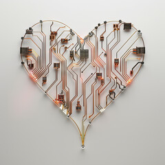 Heart-shaped circuit board design on a white background