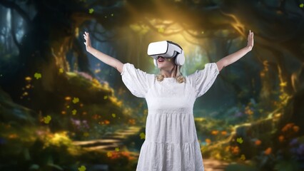 Excited girl wearing VR connect metaverse surround fantasy jungle greeney maple leaves falling with...