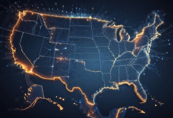 Digital map of USA, concept of North America global network and connectivity, data transfer and cyber technology, information exchange and telecommunication