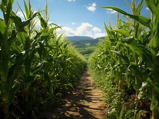 Obraz premium Young corn growing on the field, close up. Agricultural concept.
