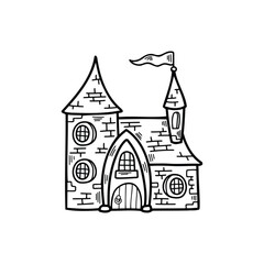 isolate black and white illustration of vampire castle on background