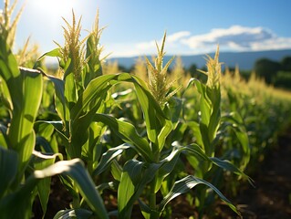 Young corn growing on the field, close up. Agricultural concept.