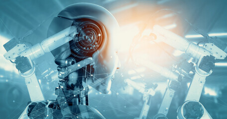 MLB Mechanized industry robot and robotic arms double exposure image. Concept of artificial...