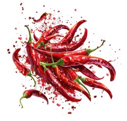 Red chili slices with a splash, isolated on a white background. Spicy ingredient concept.