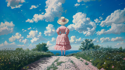 Artwork, a girl in a retro pink dress on a country road, view from the back  