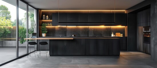 A kitchen with a black countertop and a white island