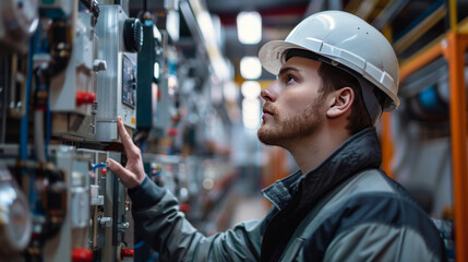 A focused industrial engineer wearing a hard hat inspects a control panel in a manufacturing facility, ensuring safety and functionality.