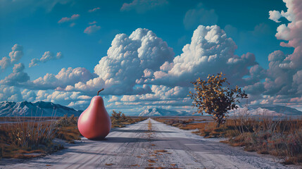 Artwork, a big pear on a lonely road, the concept of environmental protection