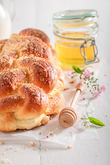 Delicious and fresh golden challah as a sweet snack.