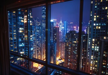 A breathtaking night view of a bustling cityscape through a glass window creating a captivating urban landscape filled with lights and modern architecture.