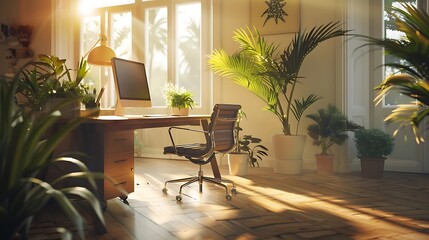 Fototapeta premium Spacious home office bathed in natural sunlight