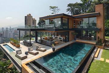 Fototapeta premium Luxury modern hillside villa with pool and city view