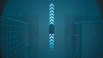 Aerial View of High Tech Autonomous Car Self Driving On Highway Emitting Waves Of Information Future Of Transportation Electric Cars Revolution Cgi - Powered by Adobe