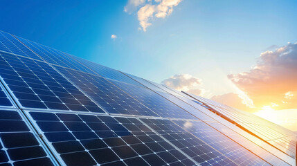 Solar panels on a rooftop with a vibrant blue sky